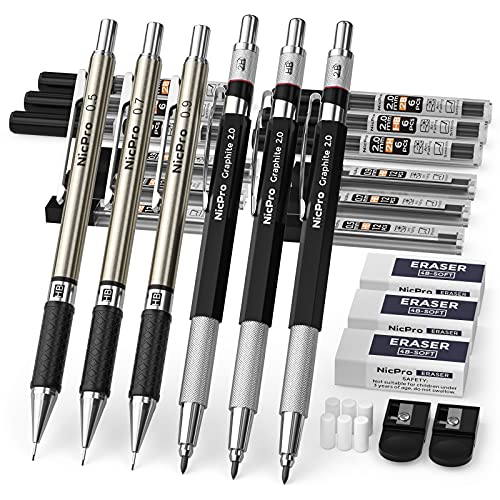 Nicpro 6PCS Art Mechanical Pencils Set, 3 PCS Metal Drafting Pencil 0.5 mm & 0.7 mm & 0.9 mm & 3 PCS 2mm Graphite Lead Holder (2B HB 2H) For Writing, Sketching Drawing With 12 Tube Lead Refills Case
