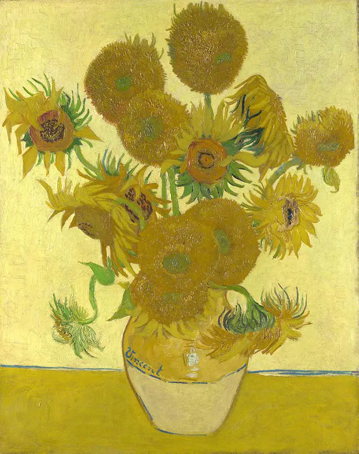 An oil painting of a vase of sunflowers by Vincent van Gogh.