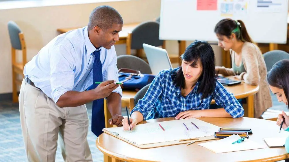 An art professor teaching university art students.